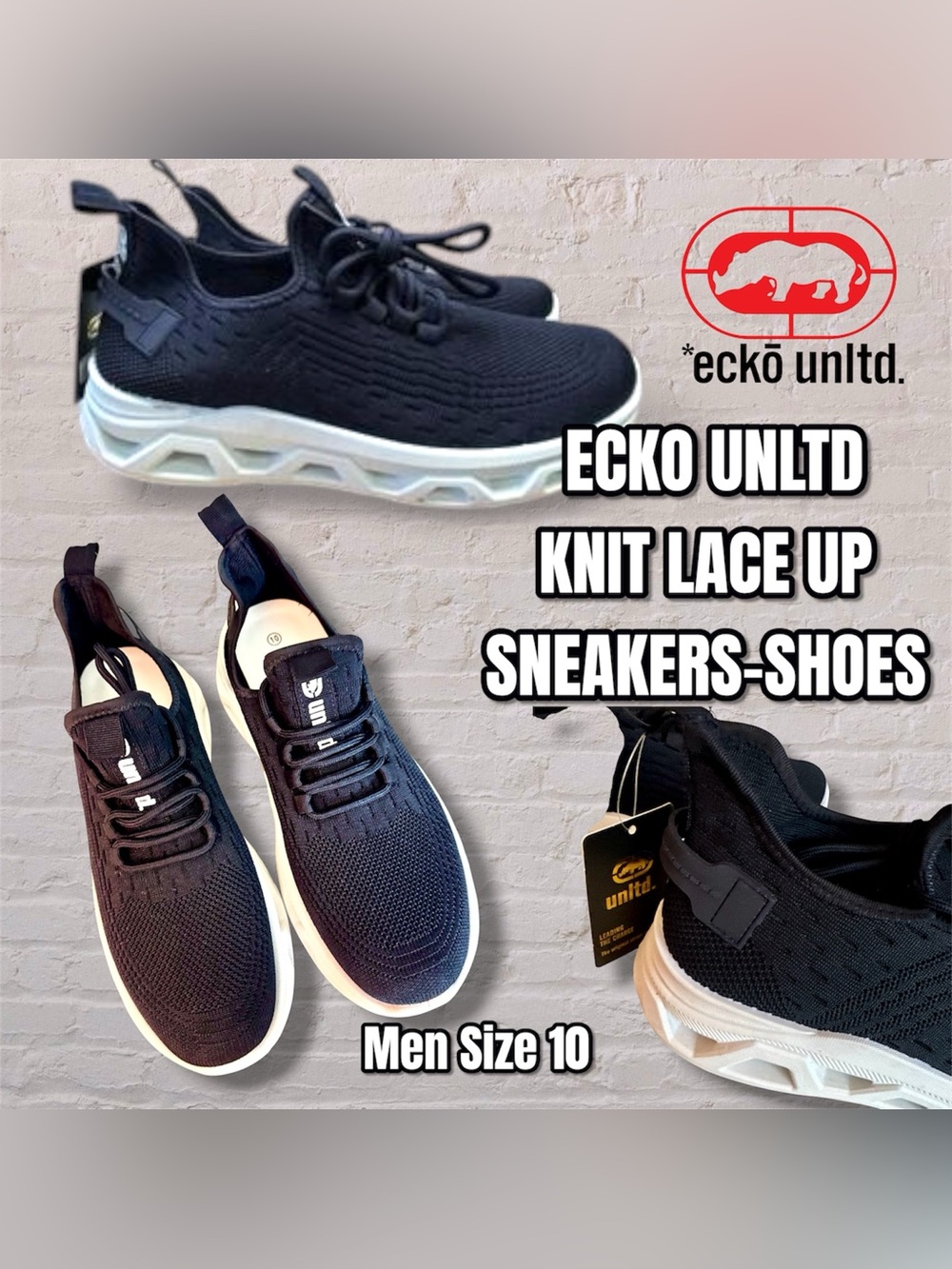 ECKO UNLTD Knit Lace-Up Sneakers in Black and White, Size 10 US